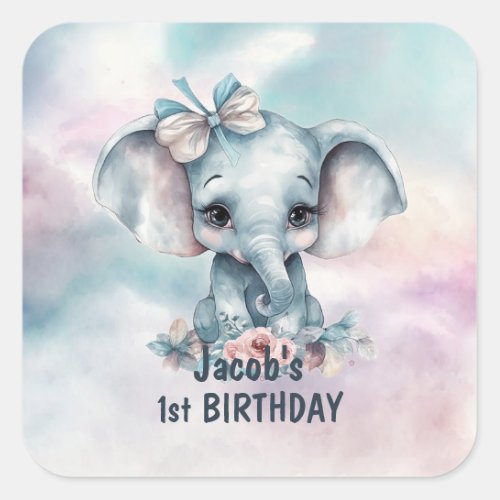 Cute Blue Elephant 1st Birthday Party Envelope Square Sticker