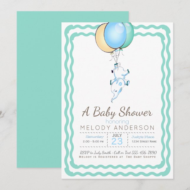 Cute Blue Elephant and Balloons Baby Shower Invitation (Front/Back)
