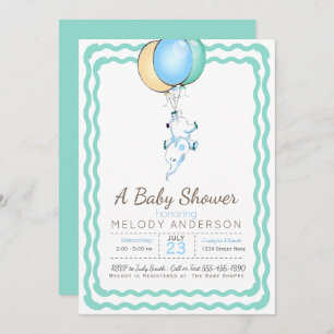 Cute Blue Elephant and Balloons Baby Shower Invitation