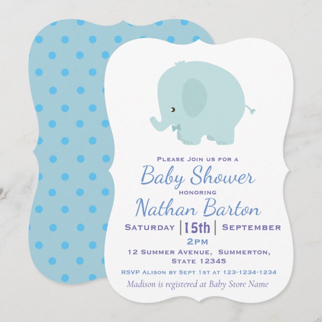 Cute Blue Elephant and Dots Boy Baby Shower Invitation (Front/Back)