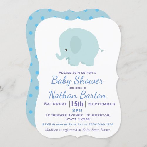 Cute Blue Elephant and Dots Boy Baby Shower Invitation