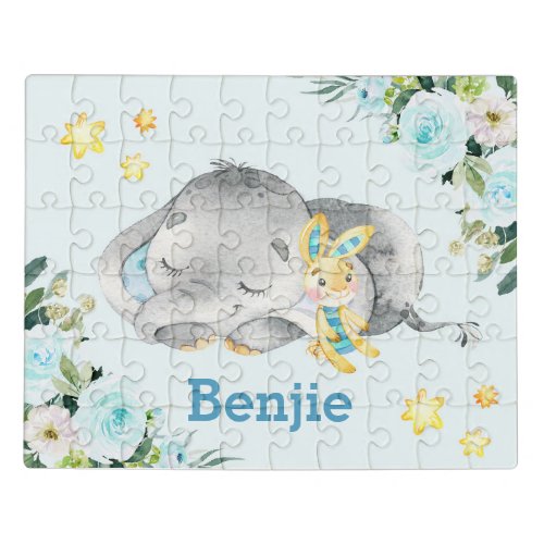 Cute Blue Elephant And Teddy Bear Watercolor Jigsaw Puzzle