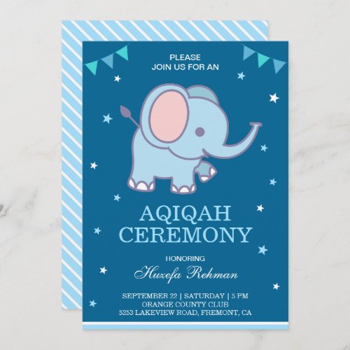 Cute Blue Elephant Baby Boy Aqiqah Invitation