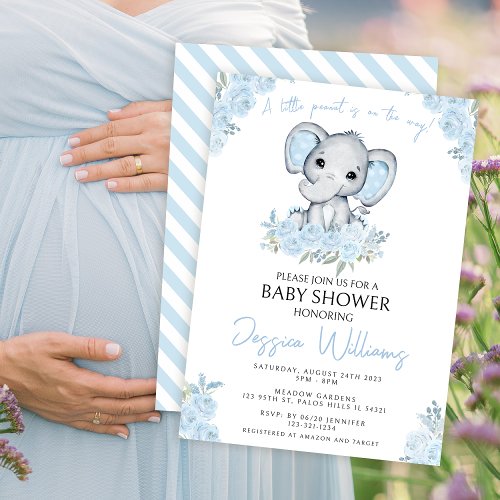 Cute blue elephant baby boy shower invitation