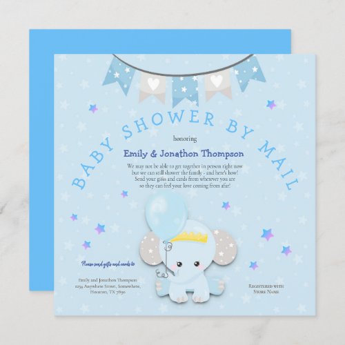 Cute Blue Elephant Baby Shower By Mail Invitation