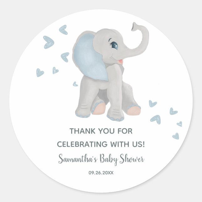 Cute Blue Elephant Baby Shower Favor Sticker (Front)