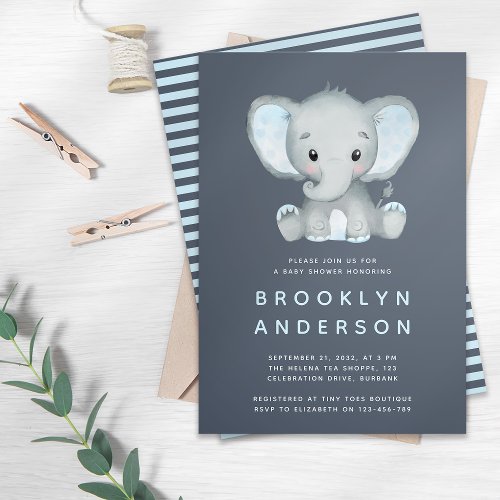 Cute Blue Elephant Baby Shower  Invitation