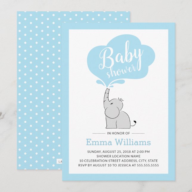 Cute Blue Elephant Baby Shower Invitation for Boy (Front/Back)