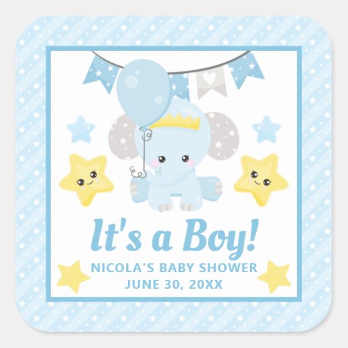 Cute Blue Elephant Baby Shower Its a Boy Square Sticker