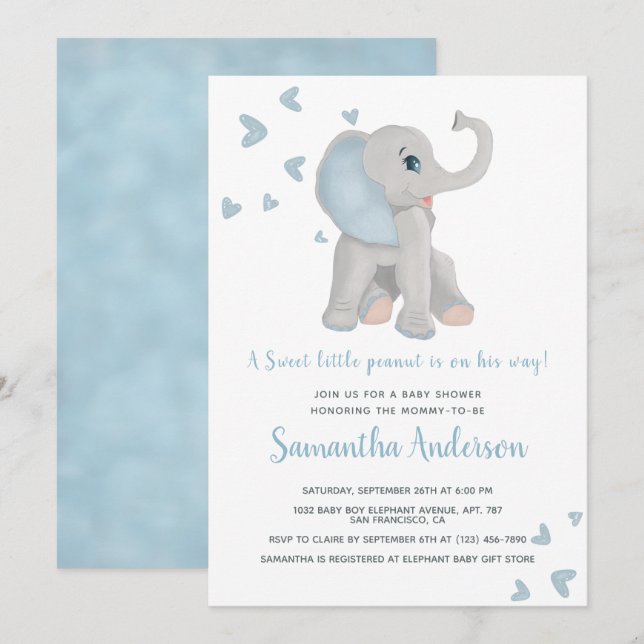 Cute Blue Elephant Baby Shower Watercolor Invitation (Front/Back)
