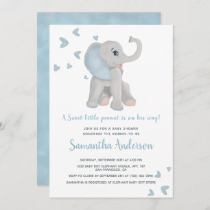 Cute Blue Elephant Baby Shower Watercolor Invitation