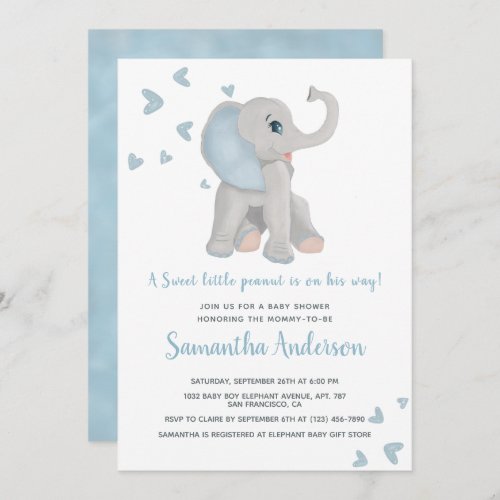 Cute Blue Elephant Baby Shower Watercolor Invitation