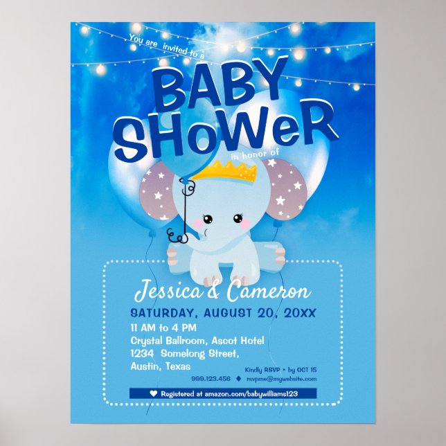 Cute Blue Elephant & Balloons Baby Party Flyer Poster (Front)