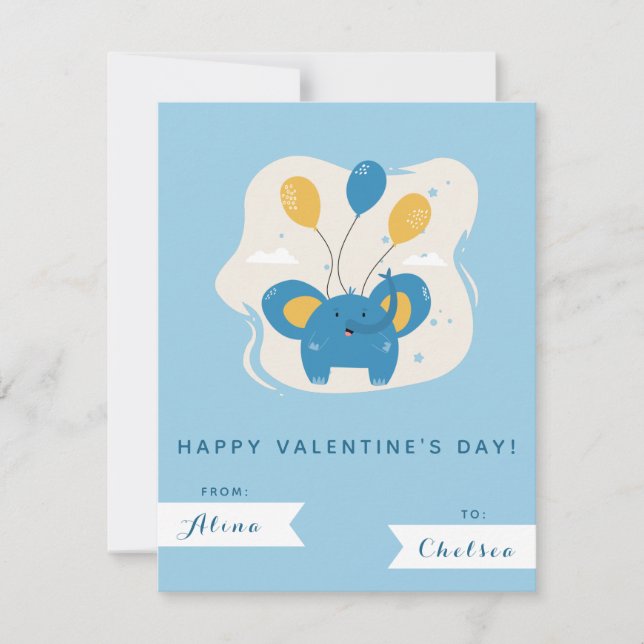 Cute Blue Elephant & Balloons Kids Valentines Day Note Card (Front)