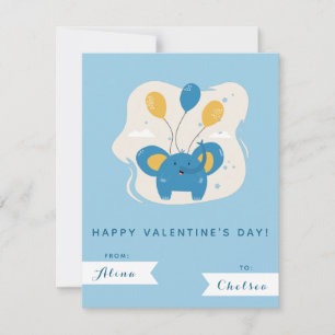 Cute Blue Elephant & Balloons Kids Valentines Day Note Card