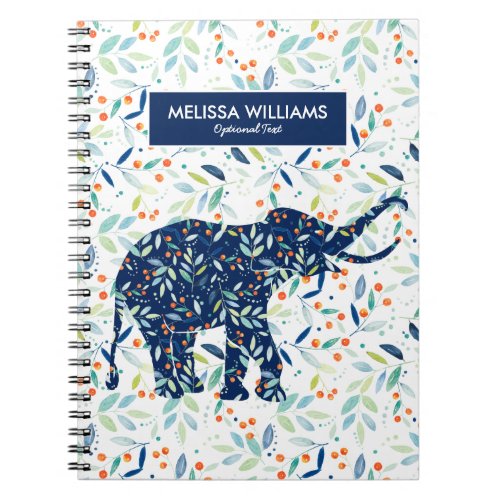 Cute Blue Elephant Botanical Leafs Pattern Notebook