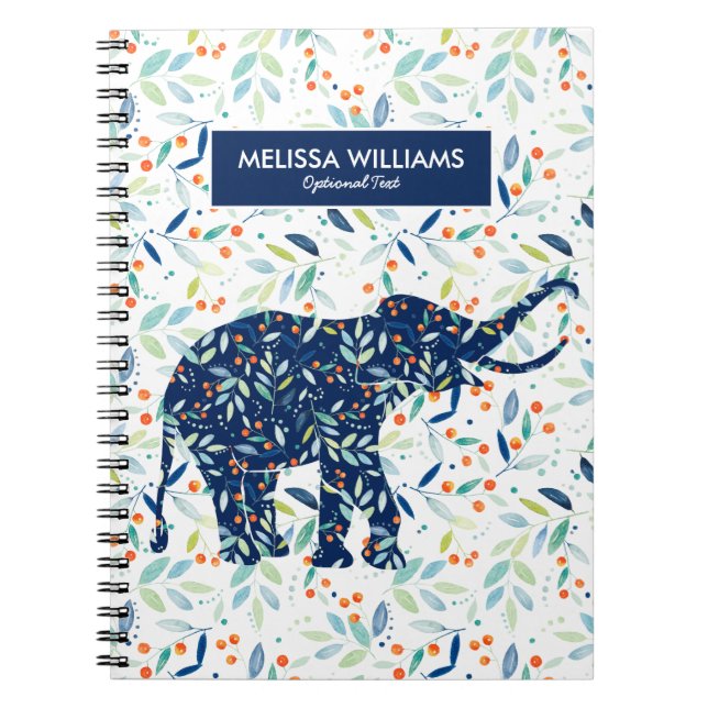 Cute Blue Elephant Botanical Leafs Pattern Notebook (Front)