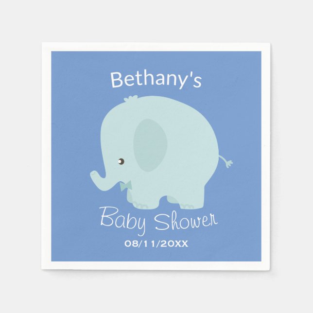 Cute Blue Elephant Boy Baby Shower Custom Napkins (Front)