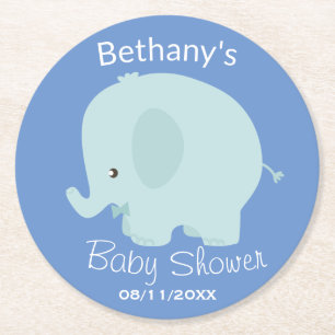 Cute Blue Elephant Boy Baby Shower Custom Round Paper Coaster