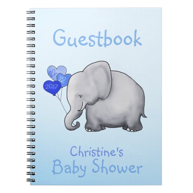 Cute Blue Elephant Boy Baby Shower Guestbook Notebook (Front)