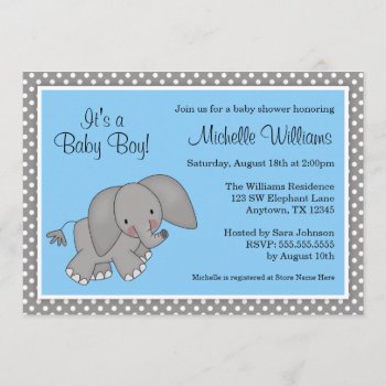 Cute Blue Elephant Boy Baby Shower Invitation by WhimsicalPrintStudio at Zazzle