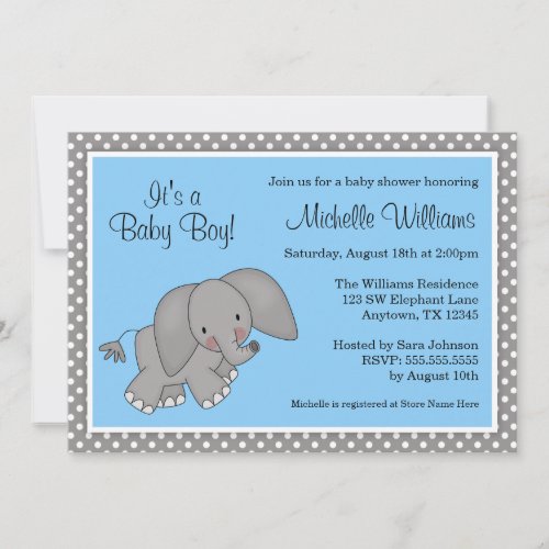 Cute Blue Elephant Boy Baby Shower Custom Announcement