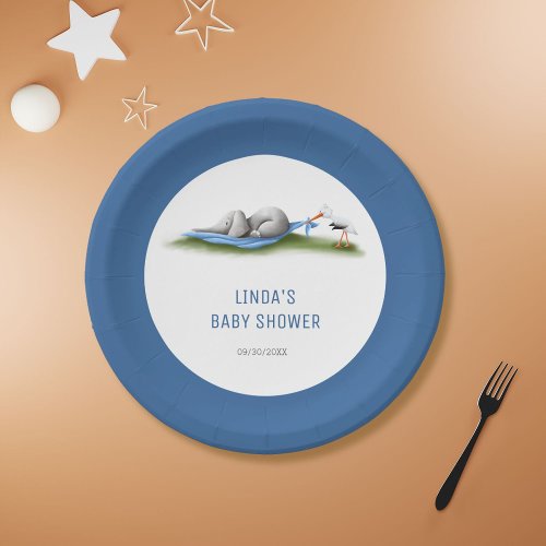 Cute Blue Elephant Boy Baby Shower Paper Plates