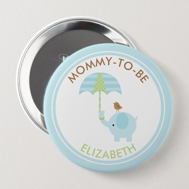 Cute Blue Elephant Boy Baby Shower Personalized Button (Front & Back)