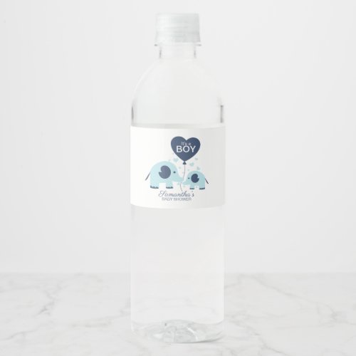 Cute Blue Elephant Boy Baby Shower Water Bottle Label