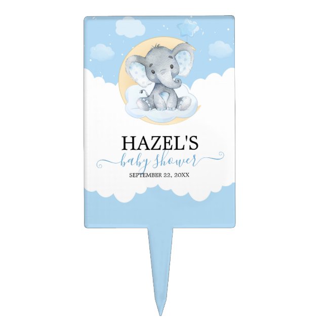 Cute Blue Elephant Boy Little Peanut Baby Shower Cake Topper (Front)