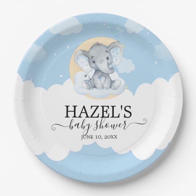 Cute Blue Elephant Boy Little Peanut Baby Shower Paper Plates (Front)