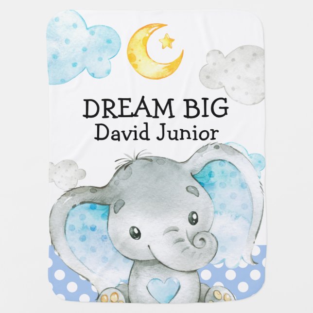 Cute Blue Elephant Boy Personalized Dream Big Baby Blanket (Front)