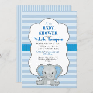 Cute Blue Elephant Boys Baby Shower Invitation