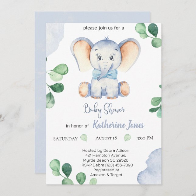Cute Blue Elephant Boys Baby Shower  Invitation (Front/Back)