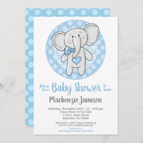 Cute Blue Elephant Boys Baby Shower Invitation