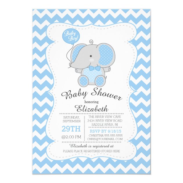 Cute Blue Elephant Boys Baby Shower Invitation