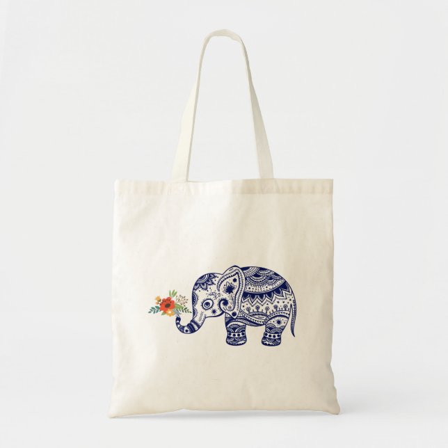 Cute Blue Elephant Bringing Colorful Flowers Tote Bag (Front)