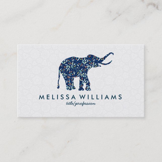 Cute Blue Elephant Colorful Botanical Leafs Business Card (Front)