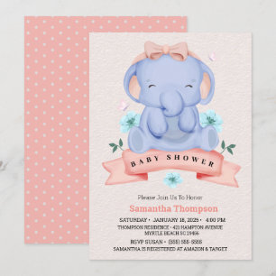 Cute Blue Elephant Girls Coral Baby Shower Invitation