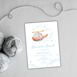 Cute Blue Elephant Helicopter Airplane Baby Shower Invitation