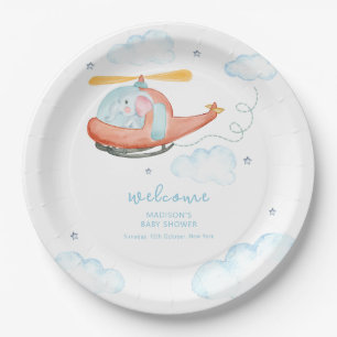 Cute Blue Elephant Helicopter Baby Shower Welcome Paper Plates