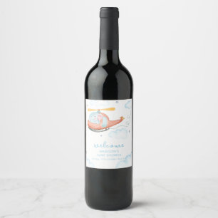 Cute Blue Elephant Helicopter Baby Shower Welcome Wine Label
