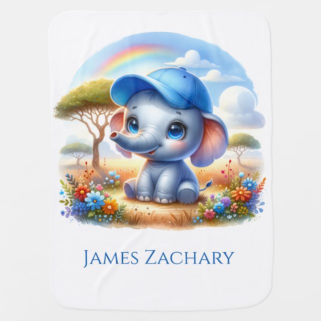 Cute Blue Elephant in a Baseball Cap Baby Blanket (Front)