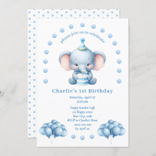 Cute Blue Elephant Kids Birthday Invitation