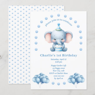 Cute Blue Elephant Kids Birthday  Invitation