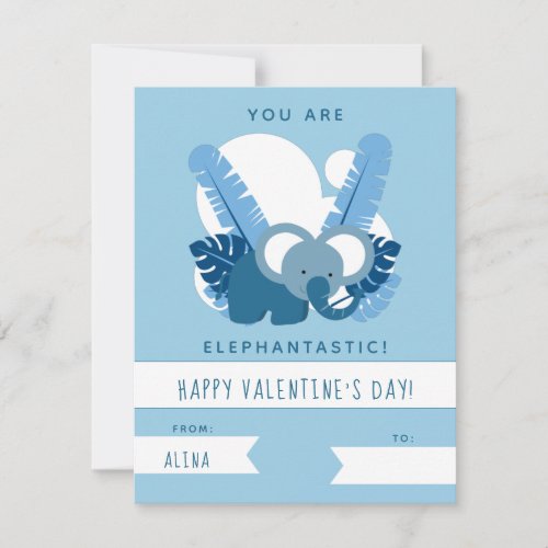 Cute Blue Elephant Kids Valentines Day Classroom Note Card