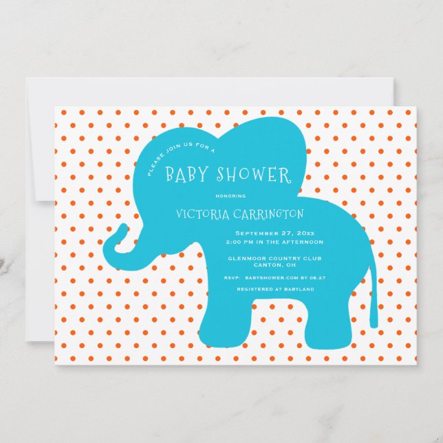 Cute Blue Elephant Orange Polkadots Baby Shower  Invitation (Front)