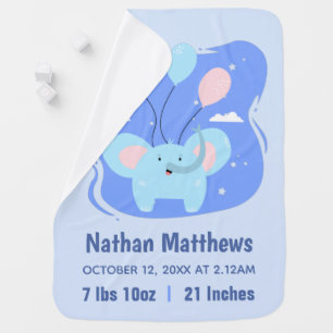 Cute Blue Elephant Personalised Birth Stats Baby Blanket