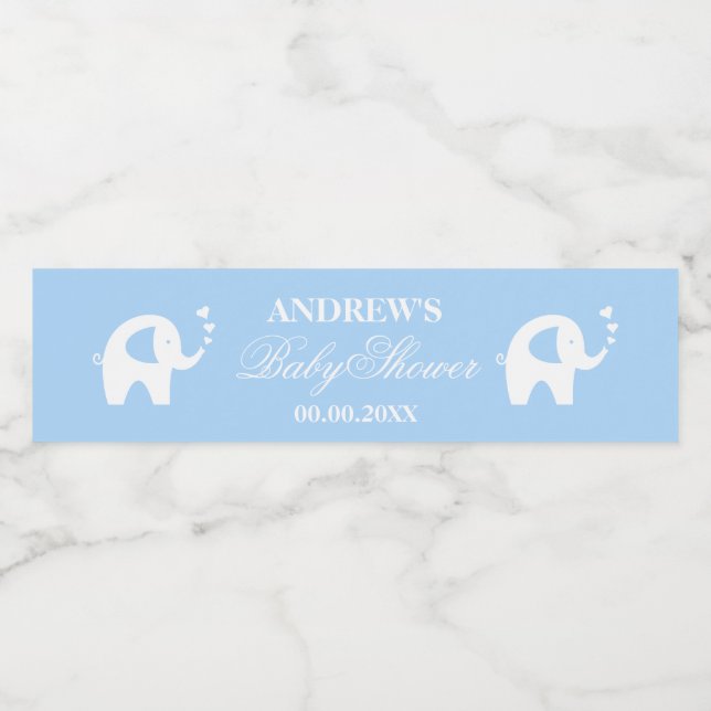Cute blue elephant personalized boys baby shower water bottle label (Single Label)