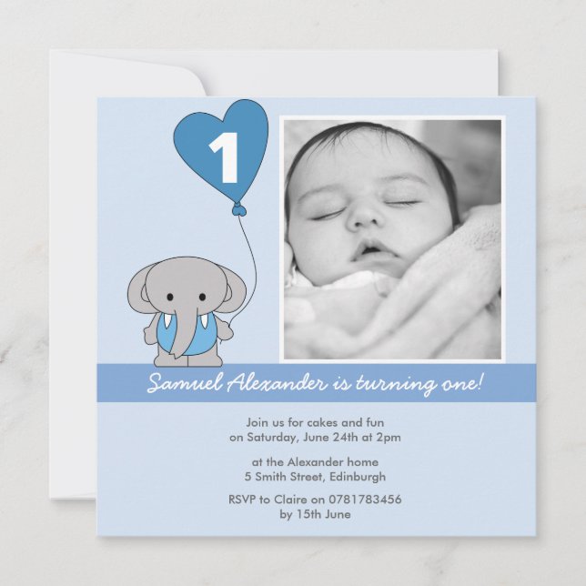 Cute Blue Elephant Photo First 1st Birthday Party Invitation (Front)